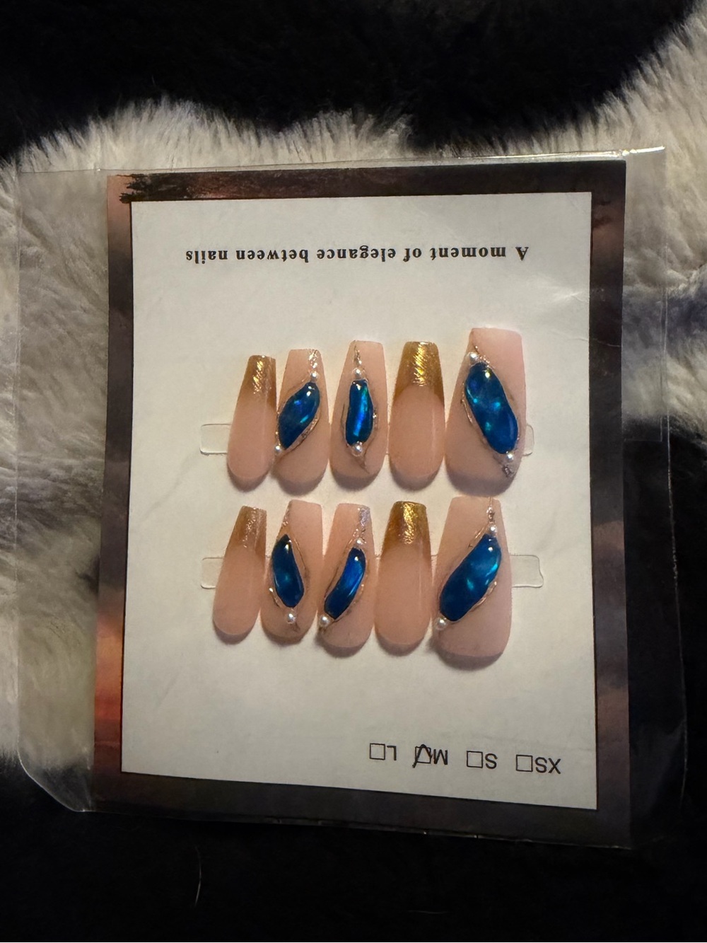 Nude Press-On Nails with Blue Gem & Gold Accent
